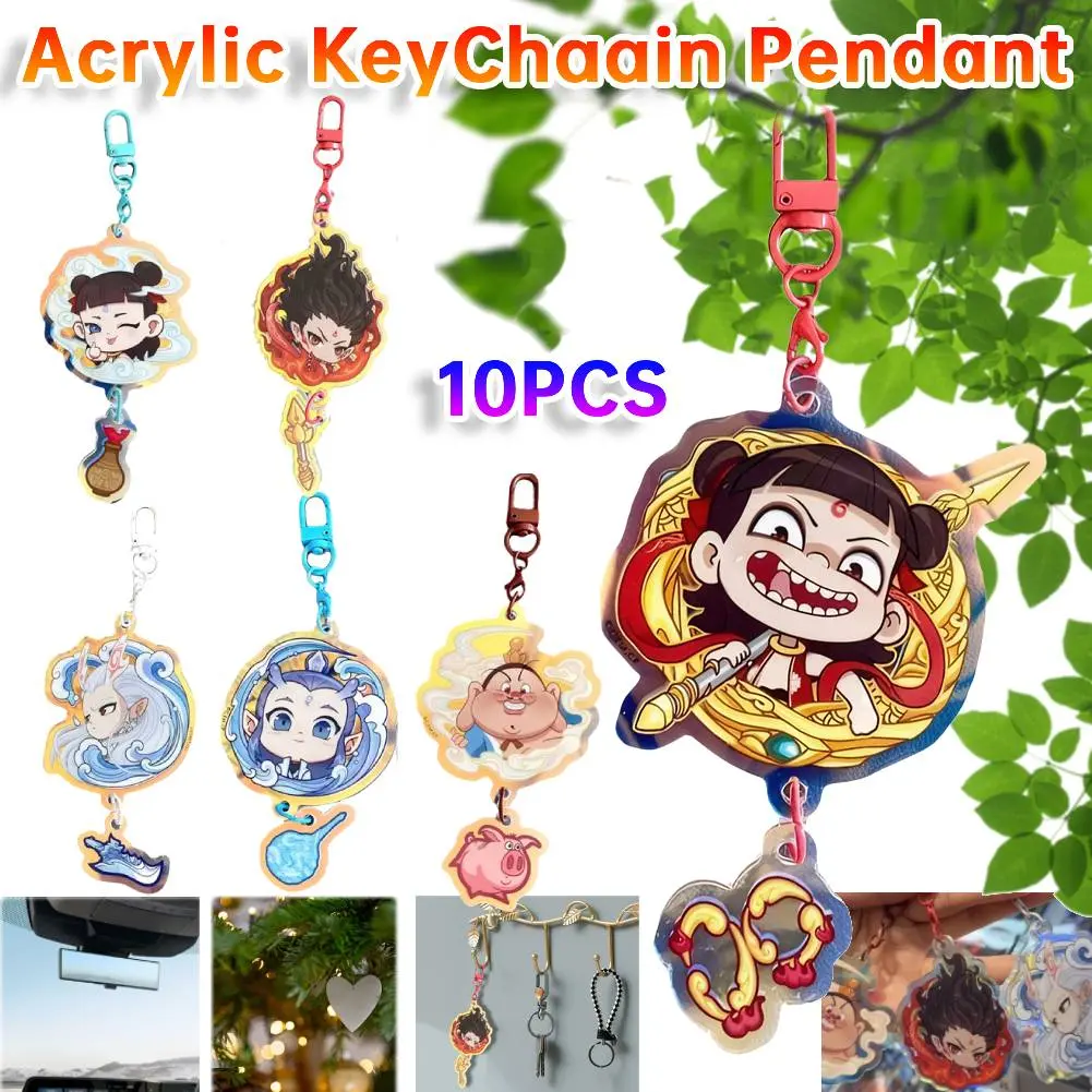 10pc Movies Peripheral Ne Zha Keychain Pendant Acrylic Key Ring Ne Zha Key Pendant Schoolbag Pendant Gift For Fans Friends Party
