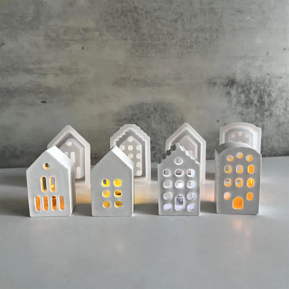 4pcs Hollow Window House Candle Holder Silicone Mold Tealight Holder Mold Houses Candlestick Ornament Plaster Molds Home Decor