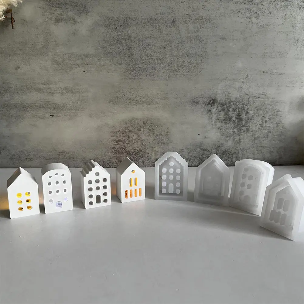 4pcs Hollow Window House Candle Holder Silicone Mold Tealight Holder Mold Houses Candlestick Ornament Plaster Molds Home Decor