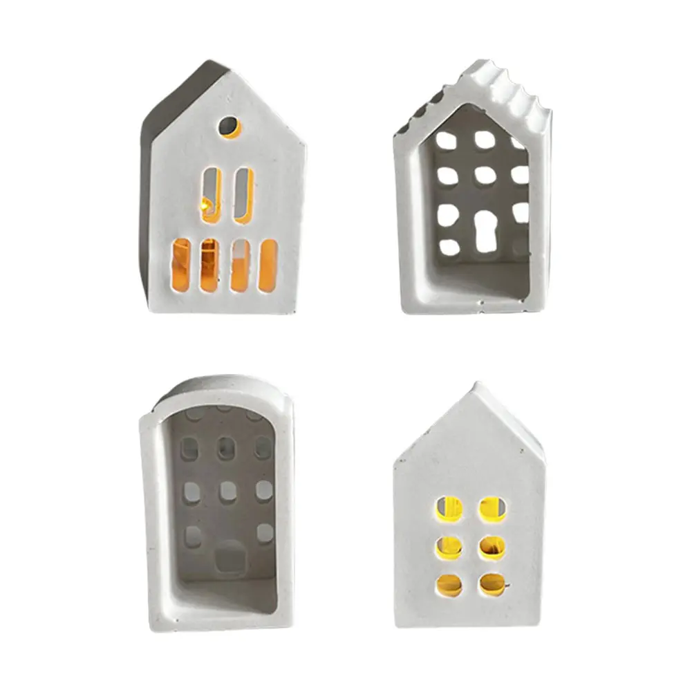 4pcs Hollow Window House Candle Holder Silicone Mold Tealight Holder Mold Houses Candlestick Ornament Plaster Molds Home Decor