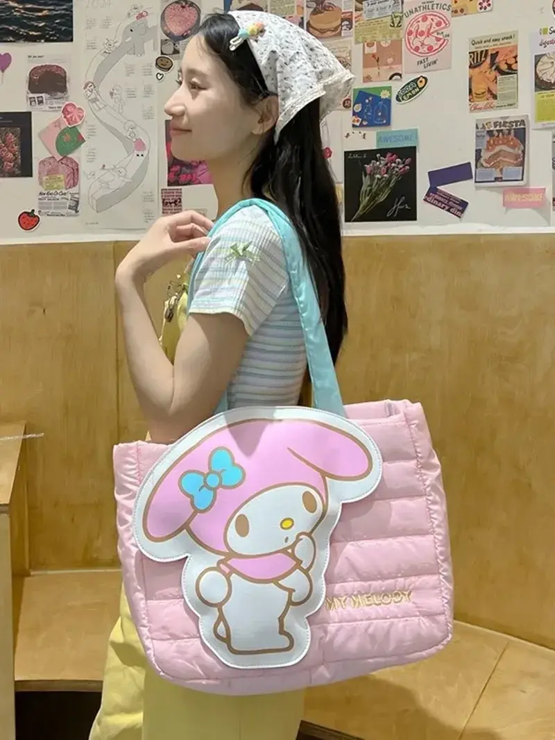 Sanrio kuromi girl large capacity shoulder bag hello kitty new cute cartoon down cloth handbag tote storage