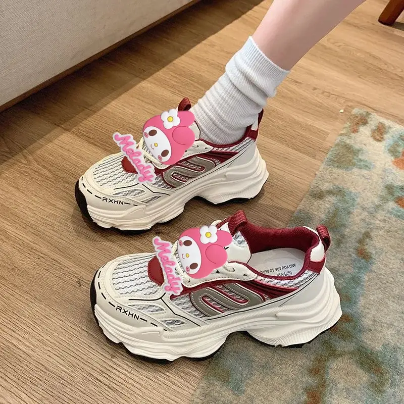 Sanrio women's new spring and summer 2025 mesh breathable heightening sneakers hello kitty running shoes platform casual shoes