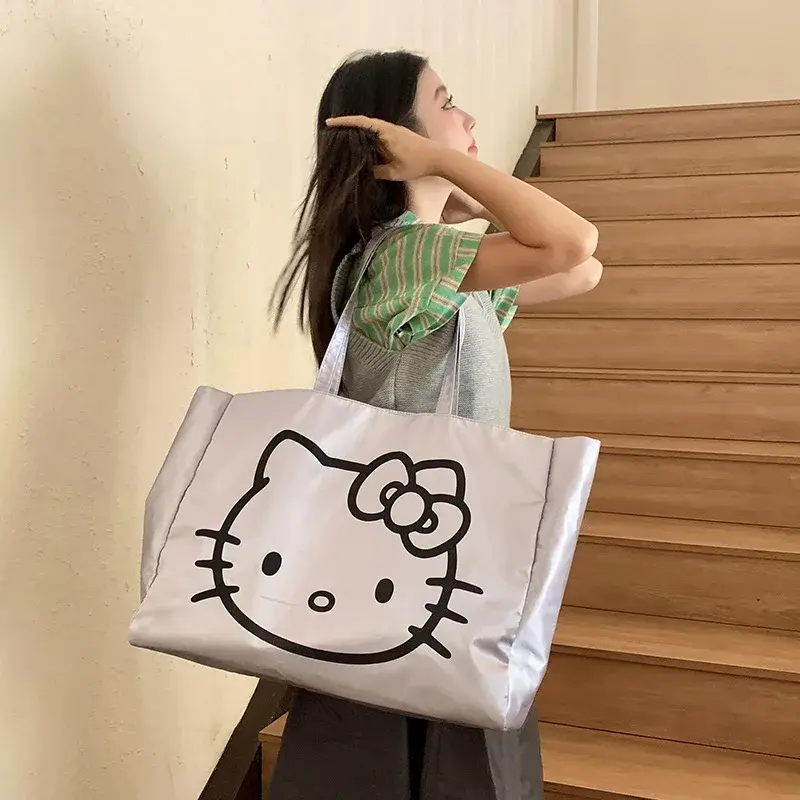 Sanrio hello kitty silver laser tote bag large capacity cute eco-friendly travel storage bag girls big handbag shoulder bag