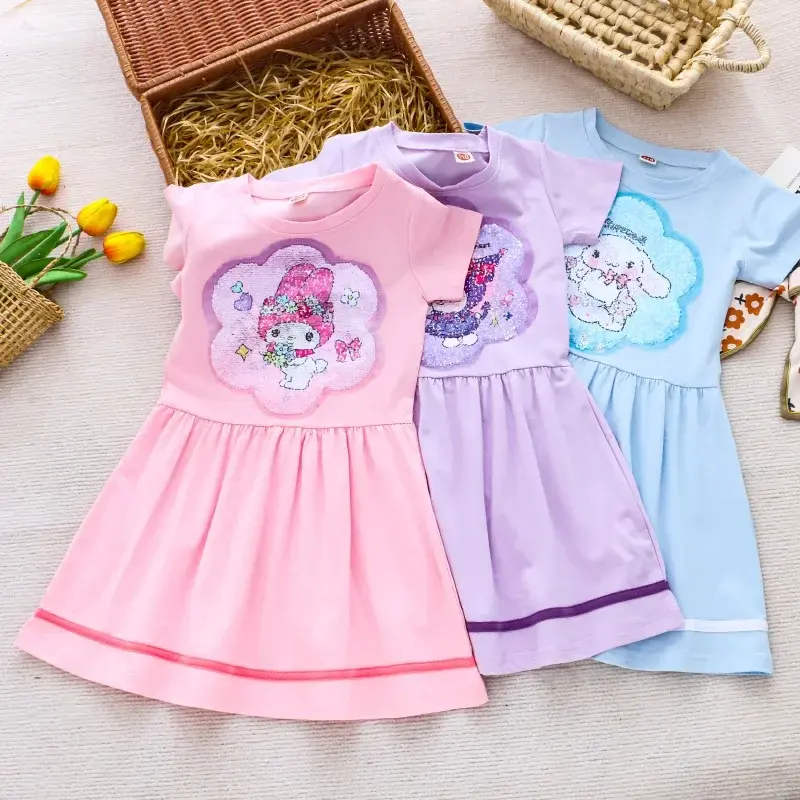 Sanrio hello kitty children's clothing summer girls short sleeve dress girl color change sequins princess skirt kuromi cartoon