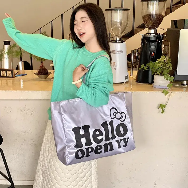 Sanrio hello kitty silver laser tote bag large capacity cute eco-friendly travel storage bag girls big handbag shoulder bag