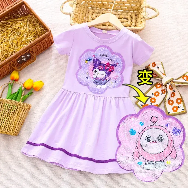 Sanrio hello kitty children's clothing summer girls short sleeve dress girl color change sequins princess skirt kuromi cartoon
