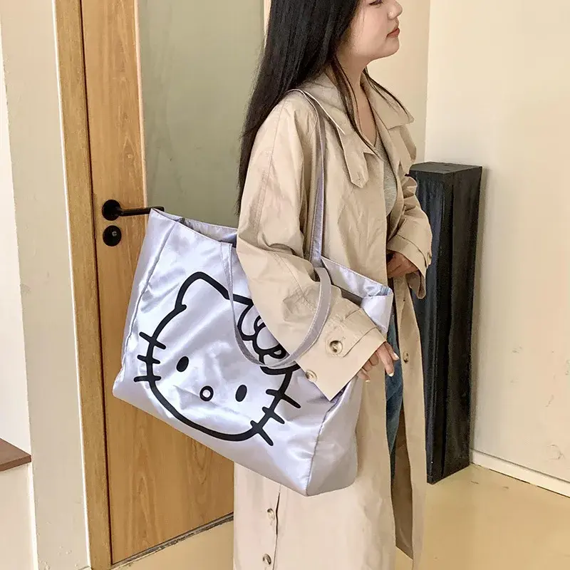 Sanrio hello kitty silver laser tote bag large capacity cute eco-friendly travel storage bag girls big handbag shoulder bag