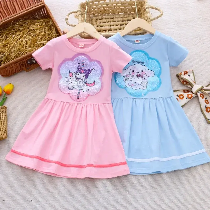 Sanrio hello kitty children's clothing summer girls short sleeve dress girl color change sequins princess skirt kuromi cartoon