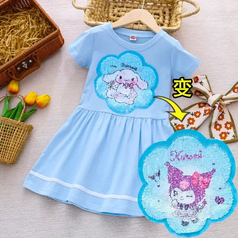 Sanrio hello kitty children's clothing summer girls short sleeve dress girl color change sequins princess skirt kuromi cartoon
