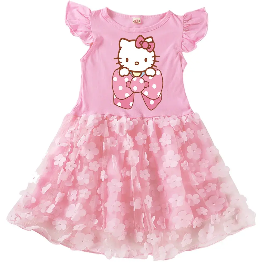 Sanrio hello kitty girls gauze dress 2025 new children's cartoon short sleeve spring and autumn princess T-shirt skirt dress