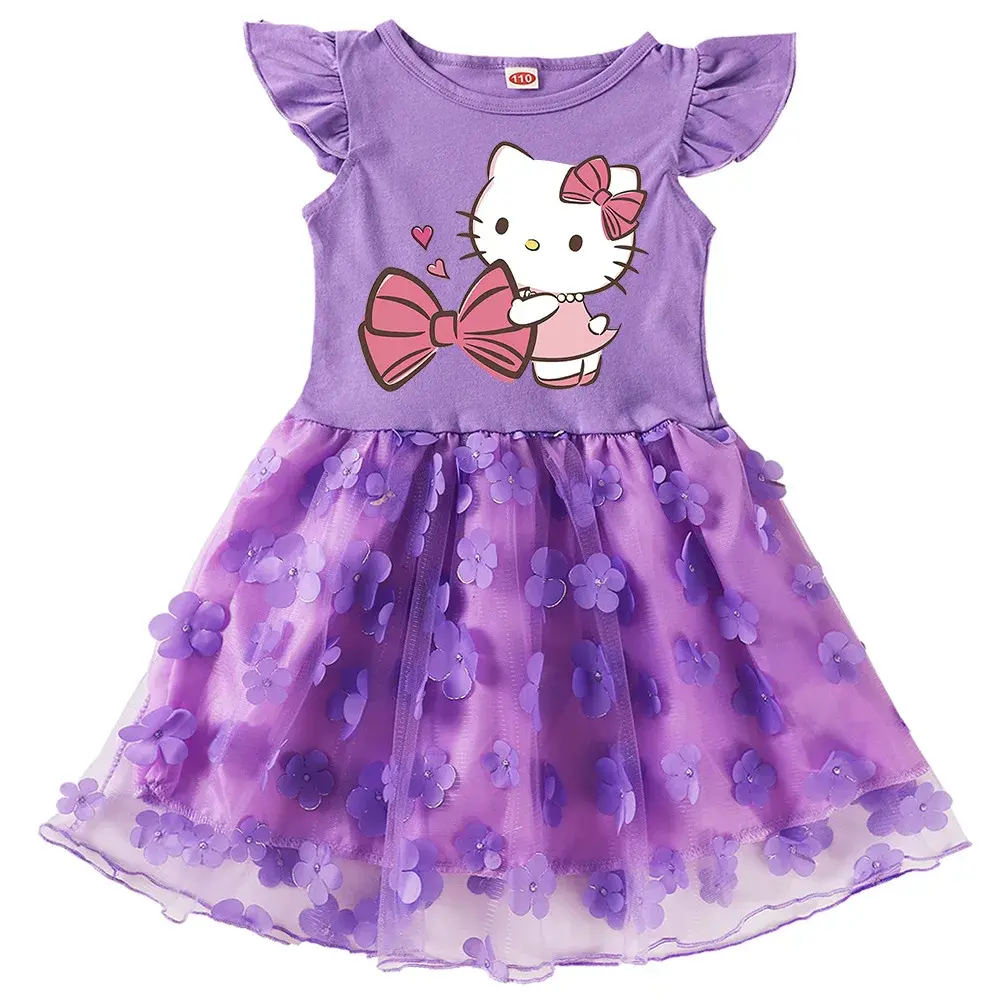 Sanrio hello kitty girls gauze dress 2025 new children's cartoon short sleeve spring and autumn princess T-shirt skirt dress