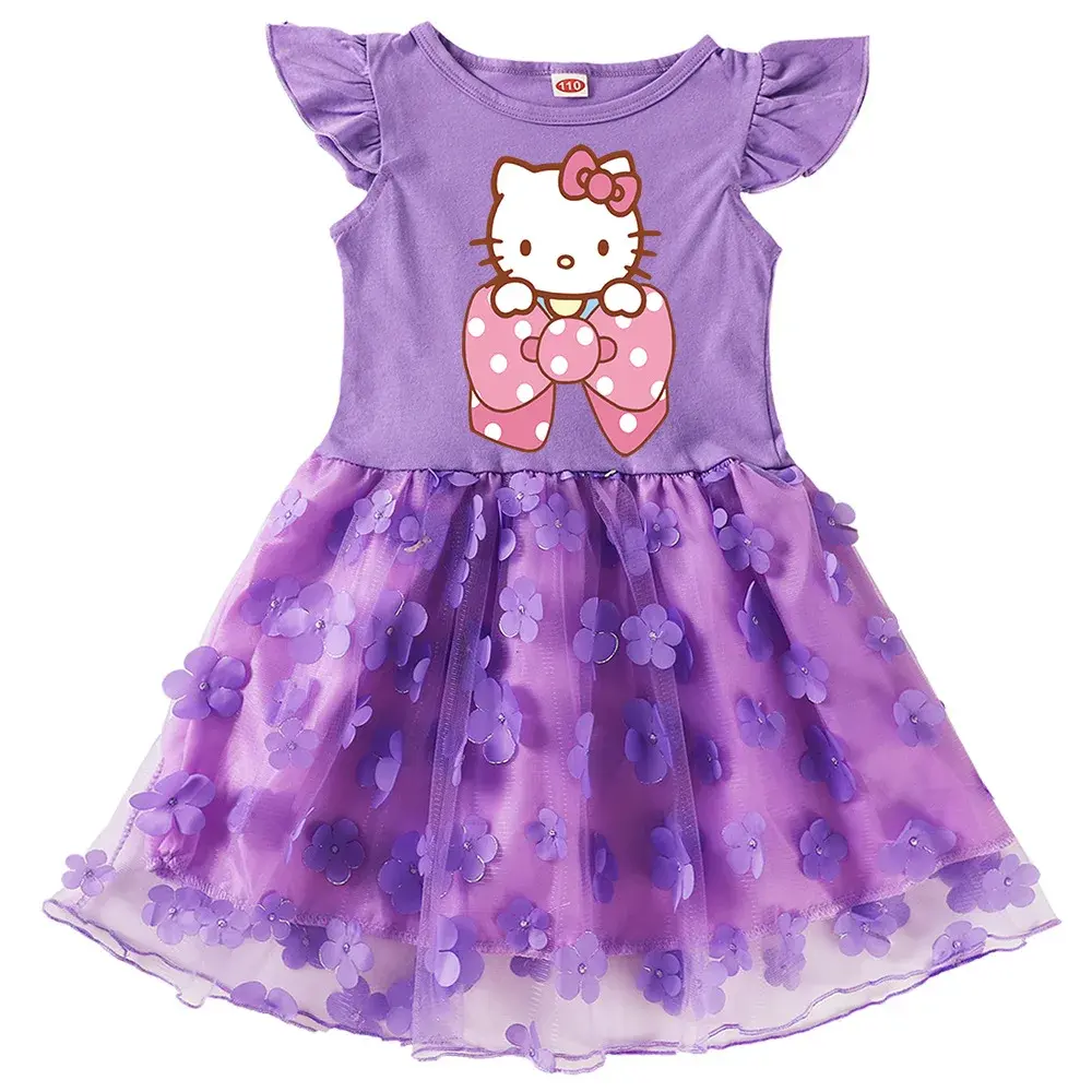 Sanrio hello kitty girls gauze dress 2025 new children's cartoon short sleeve spring and autumn princess T-shirt skirt dress