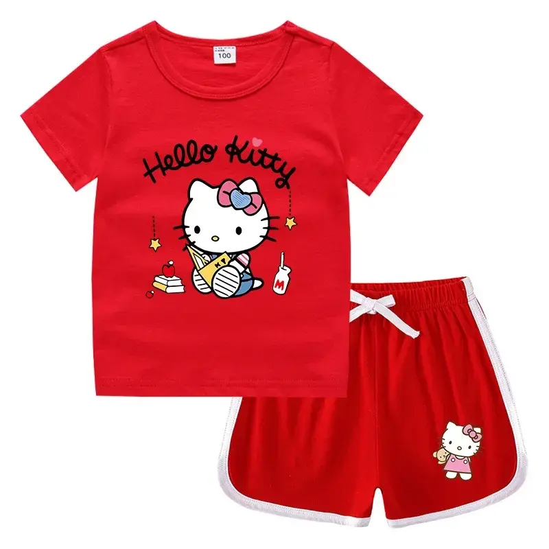 Sanrio Girls Short Sleeve Hot Pants hello kitty Summer children Crew Neck T-Shirt Shorts Undershirt