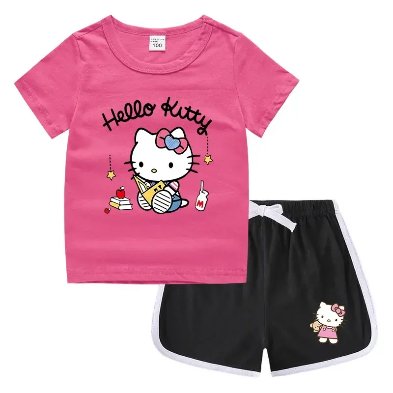 Sanrio Girls Short Sleeve Hot Pants hello kitty Summer children Crew Neck T-Shirt Shorts Undershirt