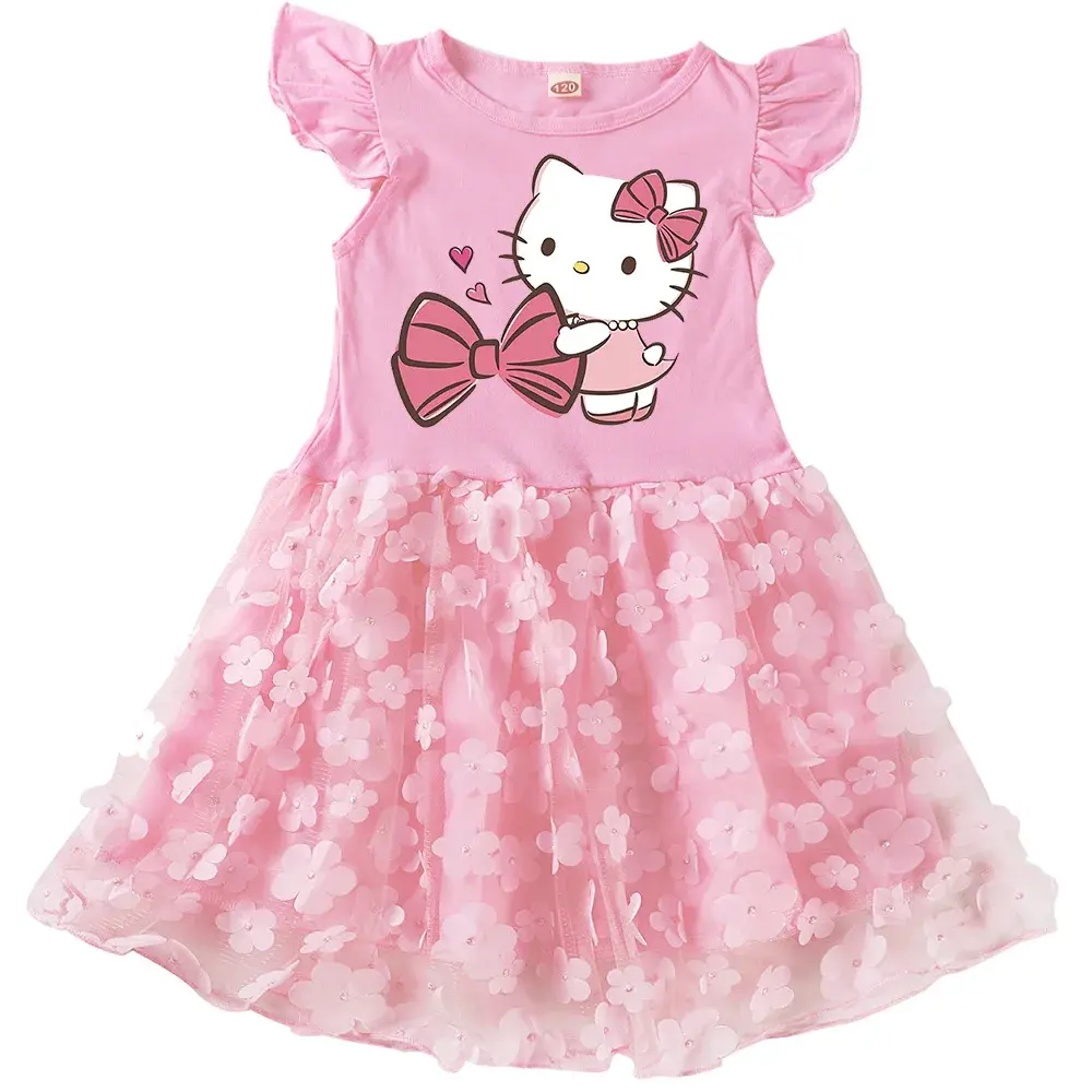 Sanrio hello kitty girls gauze dress 2025 new children's cartoon short sleeve spring and autumn princess T-shirt skirt dress