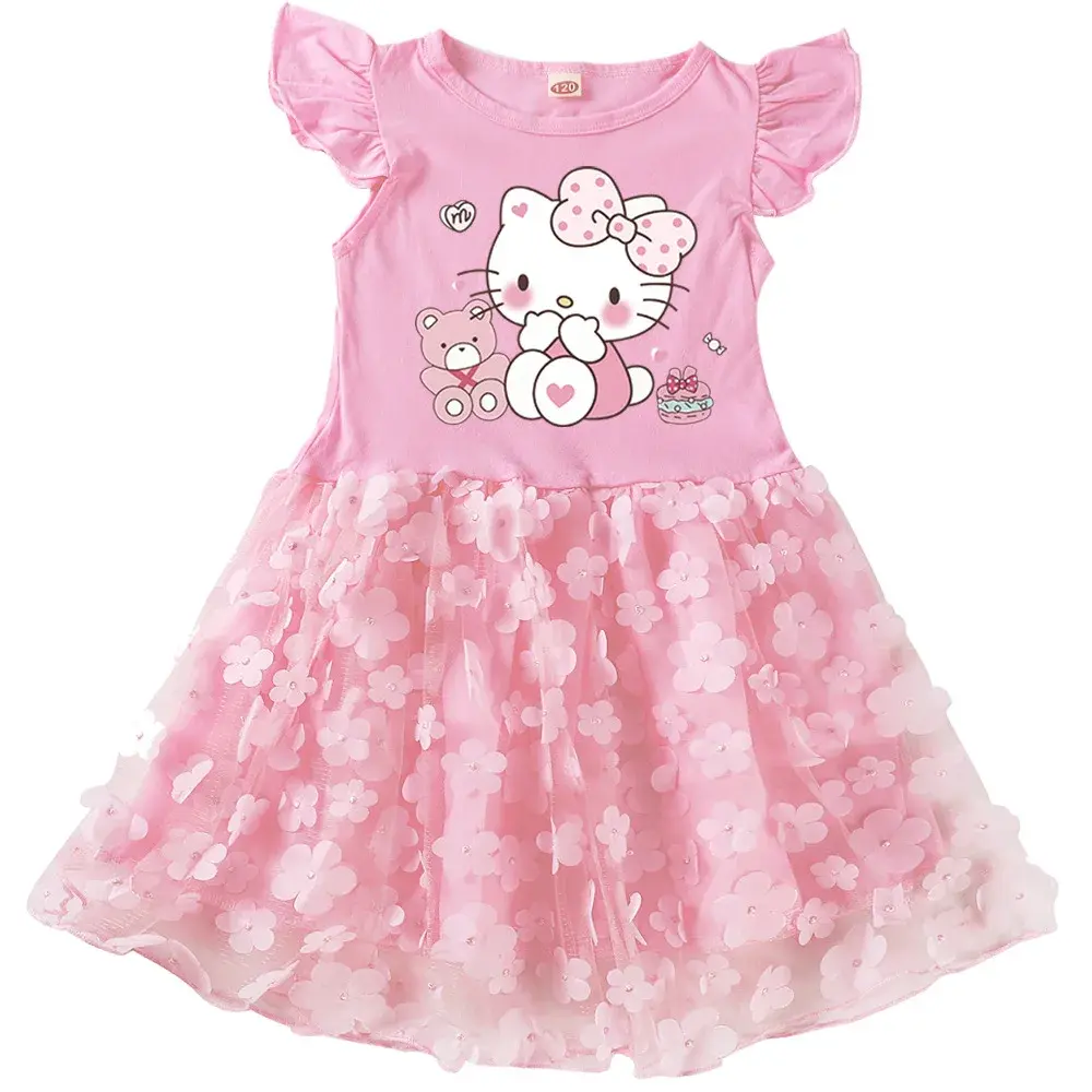 Sanrio hello kitty girls gauze dress 2025 new children's cartoon short sleeve spring and autumn princess T-shirt skirt dress