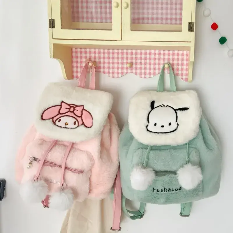 Sanrio hello kitty cartoon cute plush flap backpack women's Y2K new large capacity cute schoolbag shoulder bag kuromi handbag