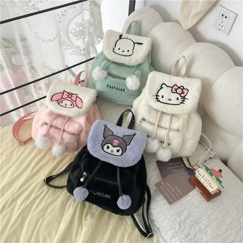 Sanrio hello kitty cartoon cute plush flap backpack women's Y2K new large capacity cute schoolbag shoulder bag kuromi handbag