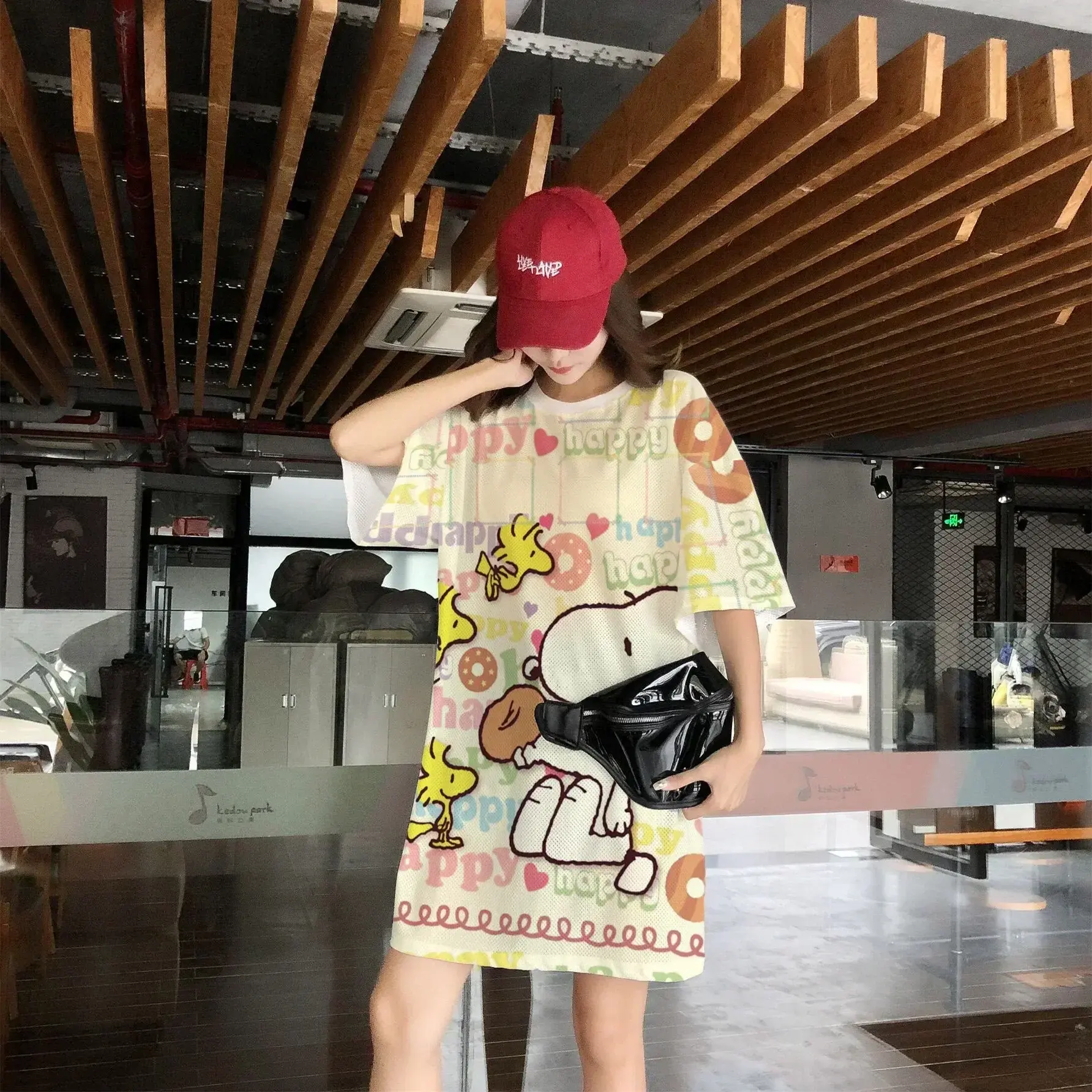 Snoopy Summer girl dress loose Size Sportswear Casual Lounge Women's Short Sleeve T-Shirt Mesh Quick-Dry Dress