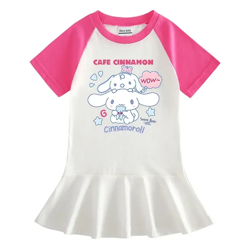 Sanrio hello kitty Summer New children Cinnamon Cartoon Short Sleeve Girl Dress T-Shirt Fashion Pleated Skirt