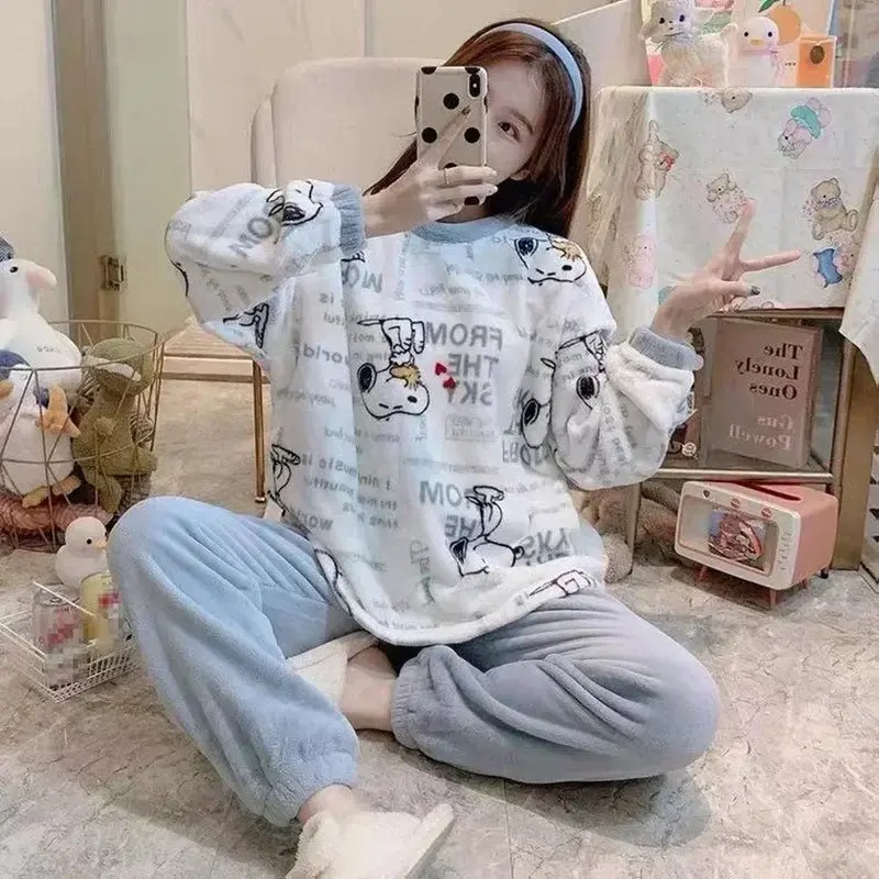Snoopy Pajama Women Winter Coral Fleece Long Sleeve Pant sleepcoat Plus Fleece Thickened Flannel Cute Sleepwear girl nightgown