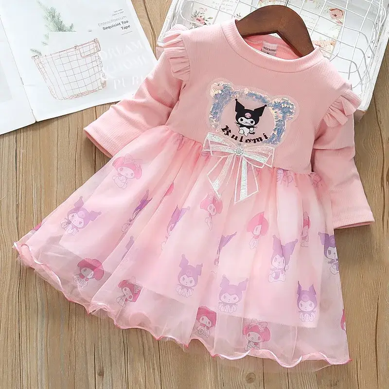 Sanrio hello kitty undershirt girl mesh dress children long sleeve kuromi sweater dress spring autumn princess puffy skirt dress