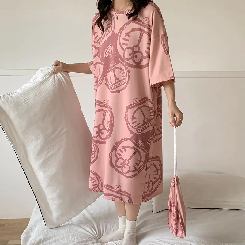 Doraemon Nightdress Female Summer Spring and Autumn Student Short Sleeve Home Dress  Lady Pajama Female Summer sleepwear robes