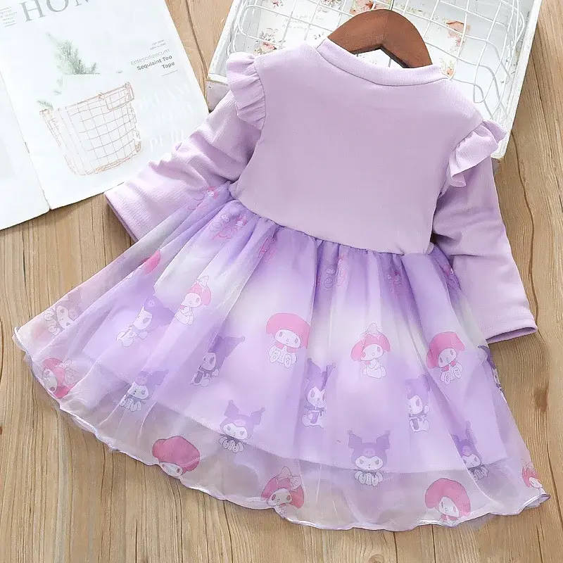 Sanrio hello kitty undershirt girl mesh dress children long sleeve kuromi sweater dress spring autumn princess puffy skirt dress