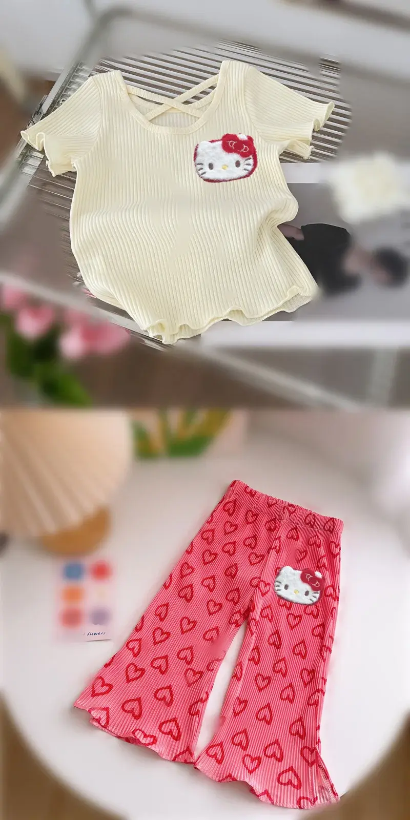 Sanrio Girl Wide Leg Mosquito Pants Thin Baby Casual Pants hello kitty Summer T-Shirt Children Fashion Undershirt Short Sleeve