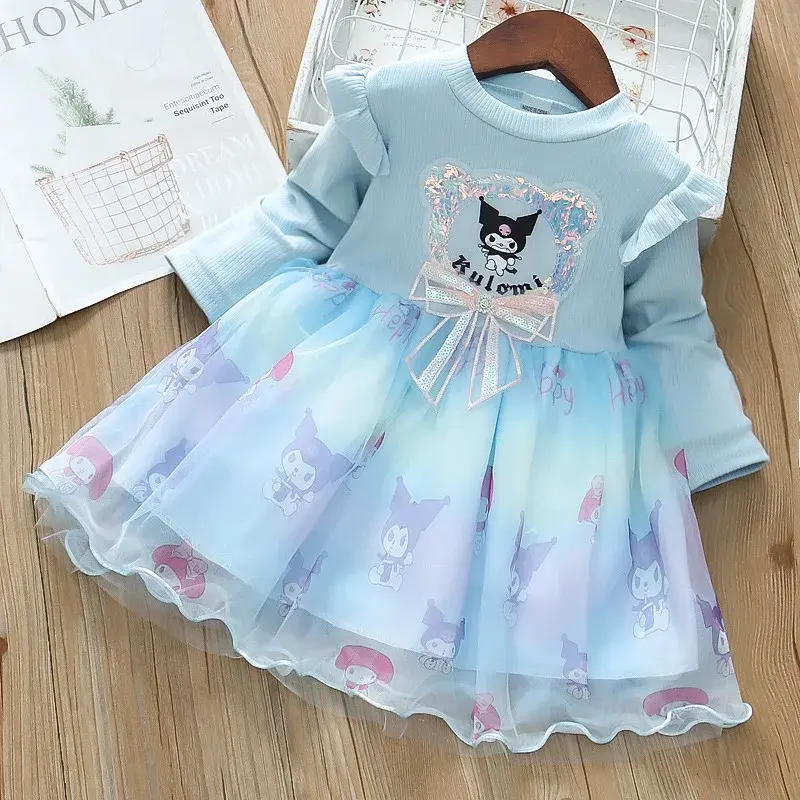 Sanrio hello kitty undershirt girl mesh dress children long sleeve kuromi sweater dress spring autumn princess puffy skirt dress