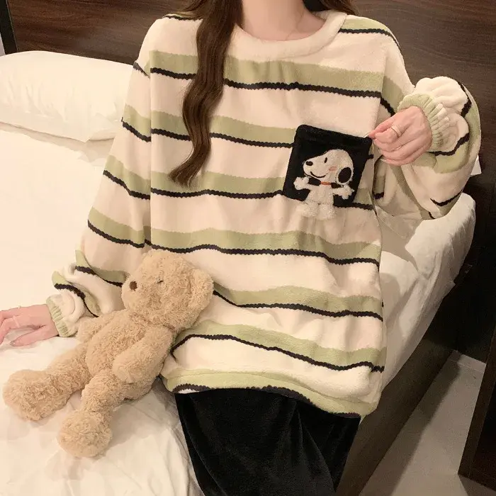 Snoopy Pajama Women's Autumn and Winter New Thickened Flannel Long Sleeve Cute Y2K Cartoon Warm Home Clothes Set sleepwear