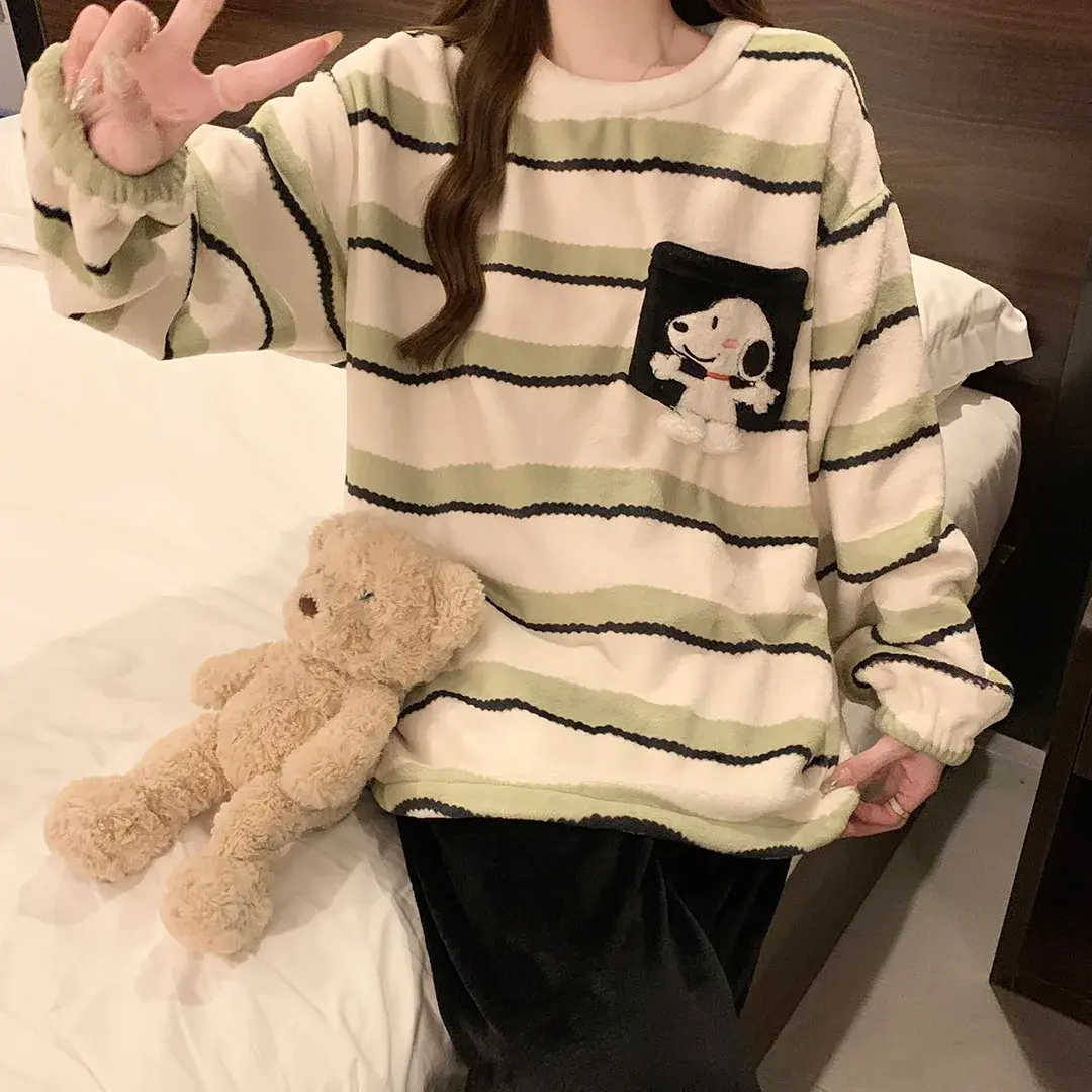 Snoopy Pajama Women's Autumn and Winter New Thickened Flannel Long Sleeve Cute Y2K Cartoon Warm Home Clothes Set sleepwear