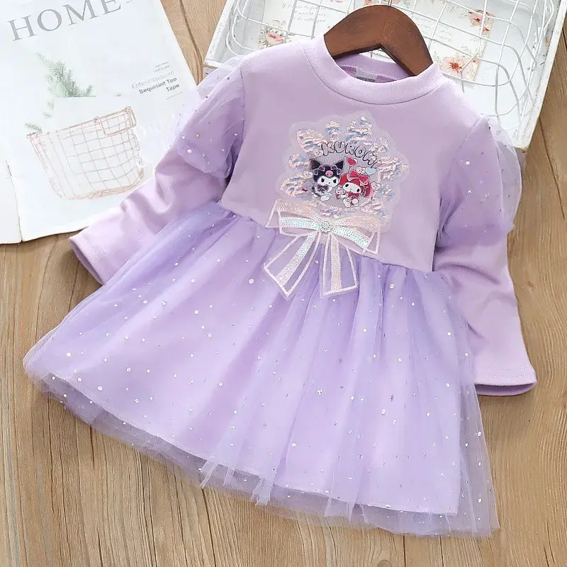 Sanrio hello kitty undershirt girl mesh dress children long sleeve kuromi sweater dress spring autumn princess puffy skirt dress