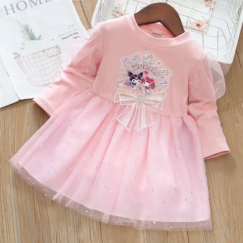 Sanrio hello kitty undershirt girl mesh dress children long sleeve kuromi sweater dress spring autumn princess puffy skirt dress