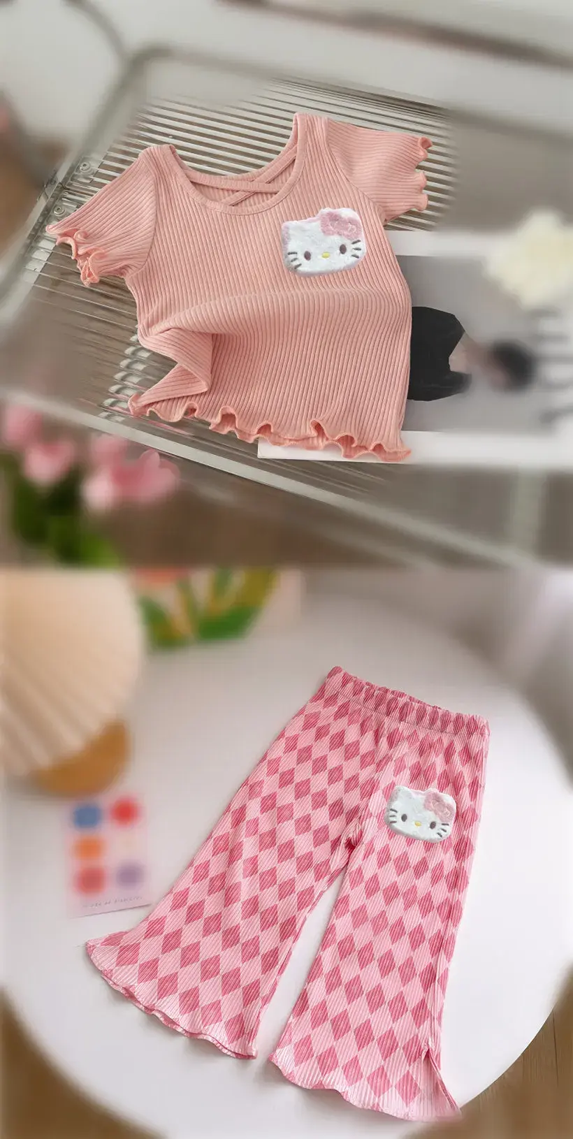 Sanrio Girl Wide Leg Mosquito Pants Thin Baby Casual Pants hello kitty Summer T-Shirt Children Fashion Undershirt Short Sleeve