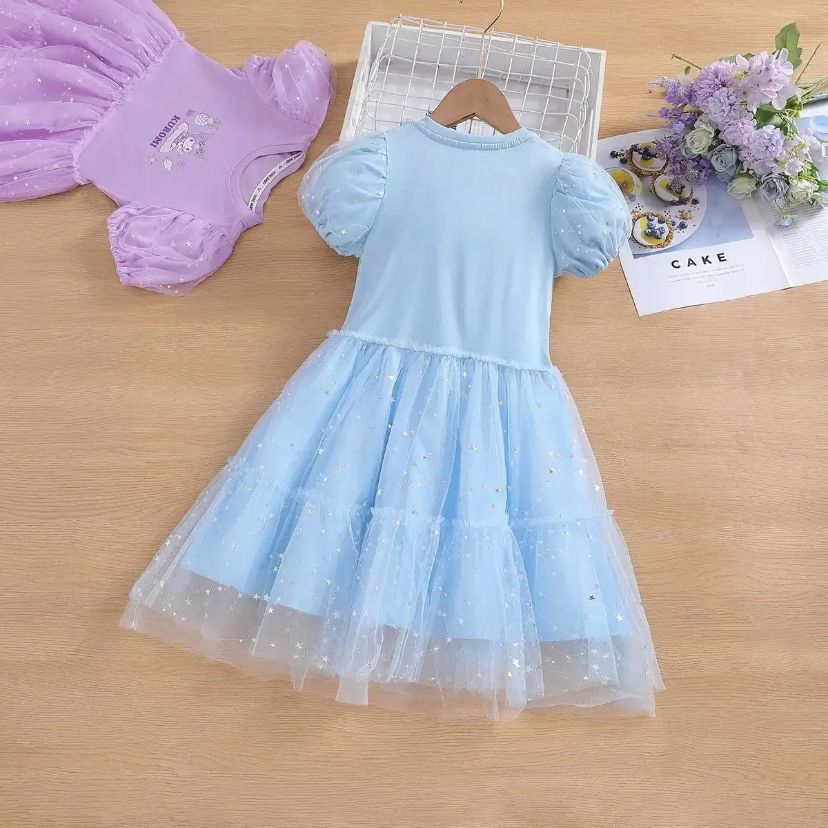 Sanrio hello kitty girls dress summer net puffy skirt new short sleeve kuromi Maillard fashion princess dress
