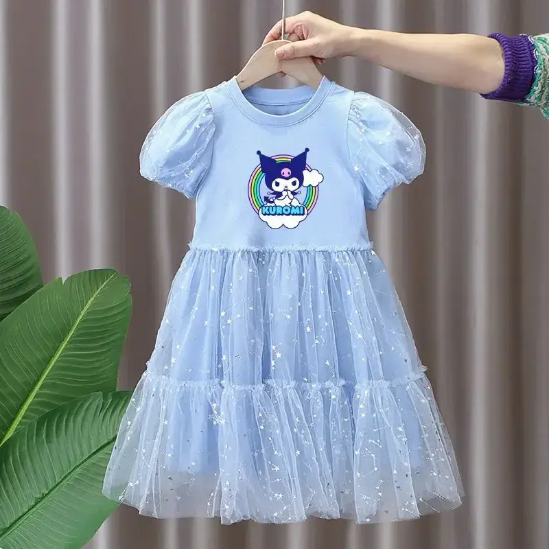 Sanrio hello kitty girls dress summer net puffy skirt new short sleeve kuromi Maillard fashion princess dress
