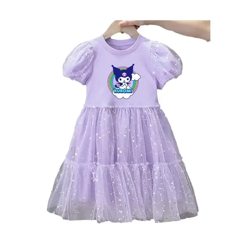 Sanrio hello kitty girls dress summer net puffy skirt new short sleeve kuromi Maillard fashion princess dress