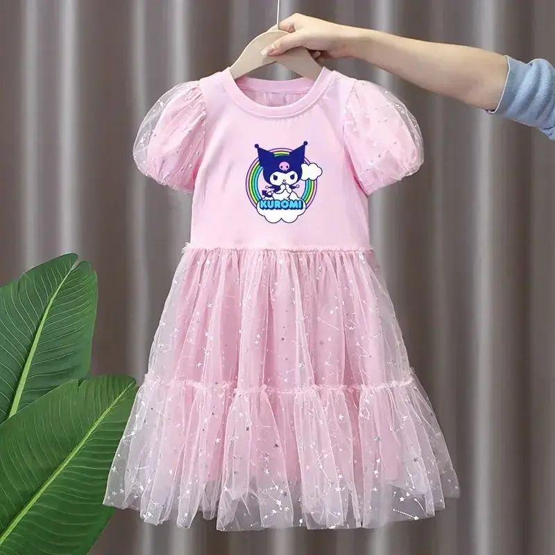 Sanrio hello kitty girls dress summer net puffy skirt new short sleeve kuromi Maillard fashion princess dress