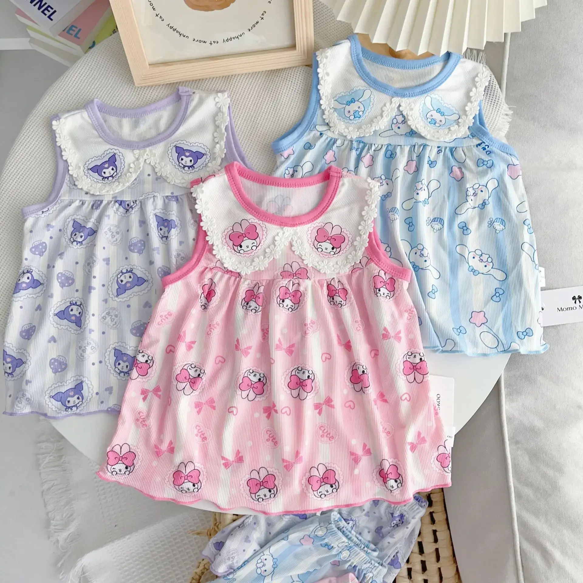 Sanrio hello kitty summer Short Sleeve Shorts New Girls Suit Ice Silk Cute Doll Neck Vest Shorts Sleepwear Pajamas