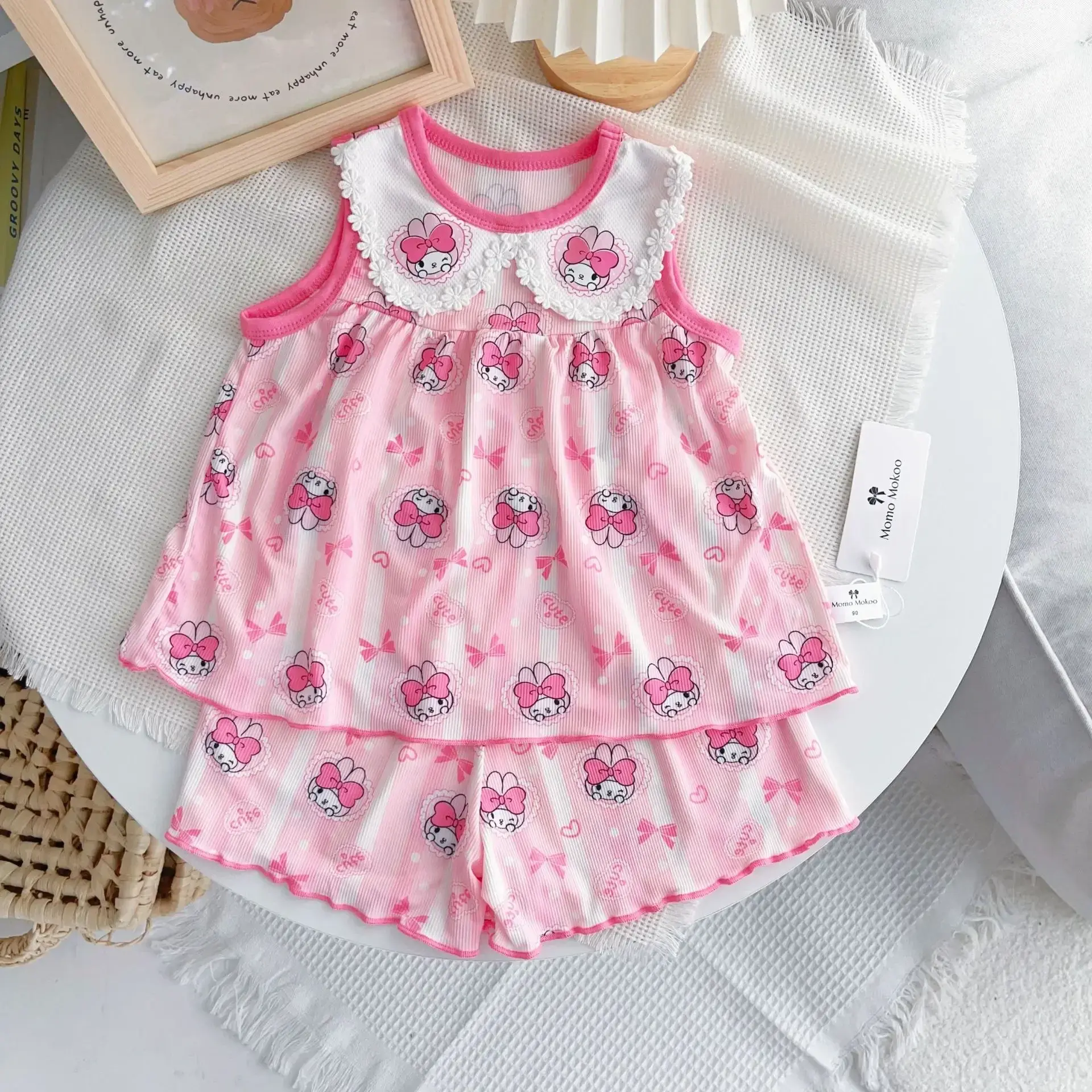 Sanrio hello kitty summer Short Sleeve Shorts New Girls Suit Ice Silk Cute Doll Neck Vest Shorts Sleepwear Pajamas