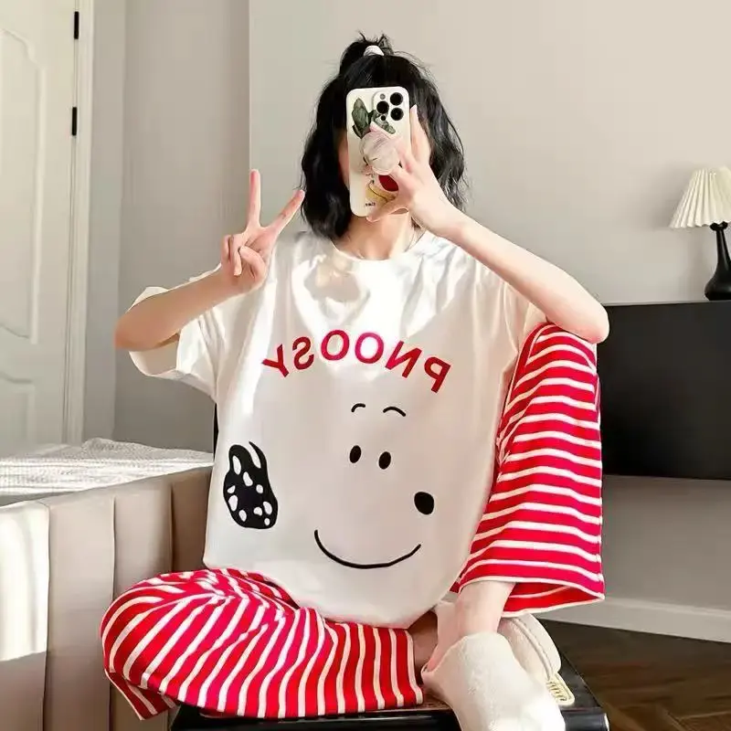 Summer Cartoon Cute New Girl Cartoon Spring sleepwear cute Home Clothes Snoopy Pajama Women's Short Sleeve Pants Set nightgown