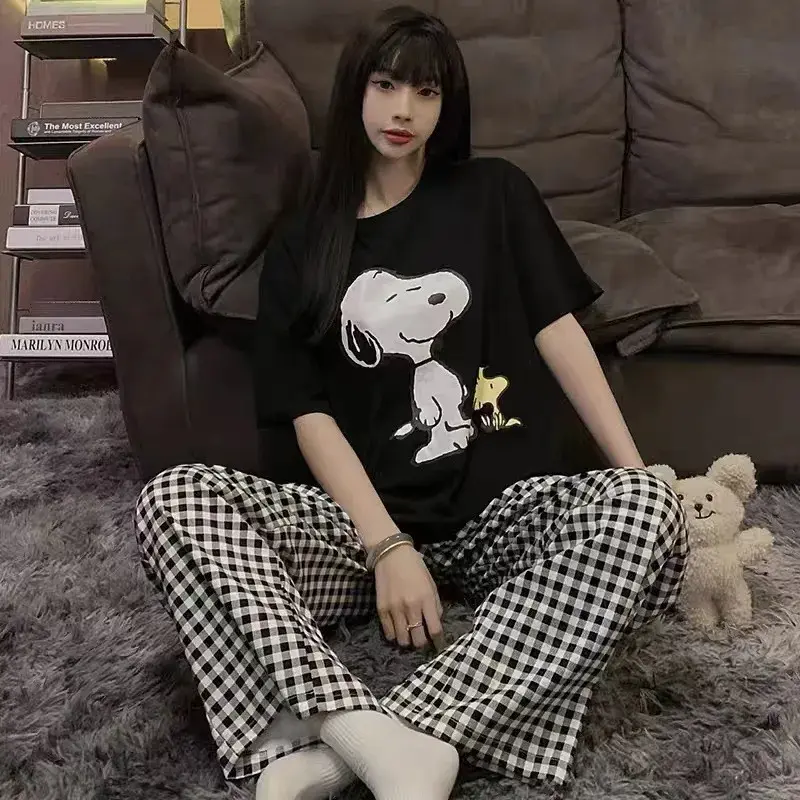 Summer Cartoon Cute New Girl Cartoon Spring sleepwear cute Home Clothes Snoopy Pajama Women's Short Sleeve Pants Set nightgown