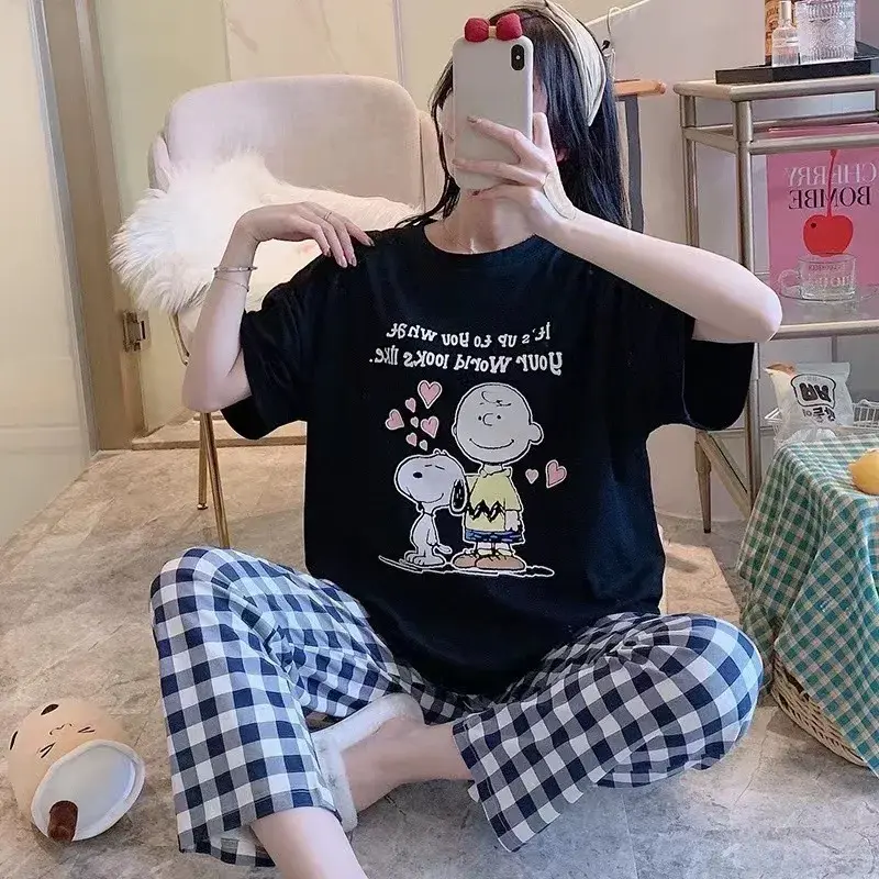 Summer Cartoon Cute New Girl Cartoon Spring sleepwear cute Home Clothes Snoopy Pajama Women's Short Sleeve Pants Set nightgown