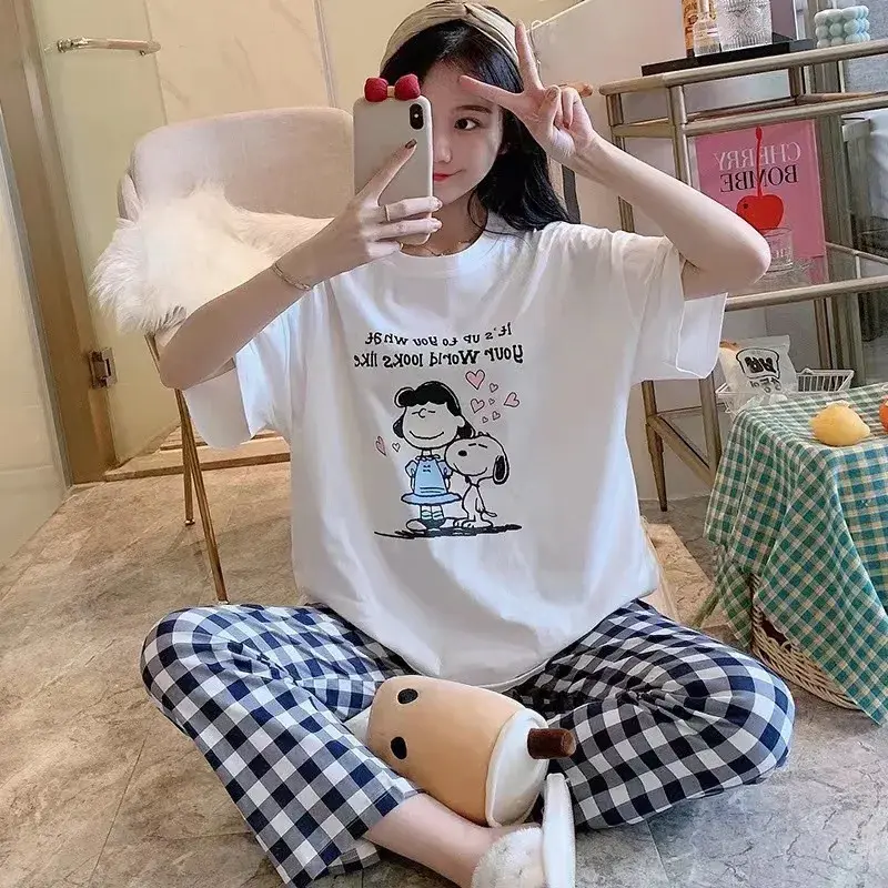Summer Cartoon Cute New Girl Cartoon Spring sleepwear cute Home Clothes Snoopy Pajama Women's Short Sleeve Pants Set nightgown