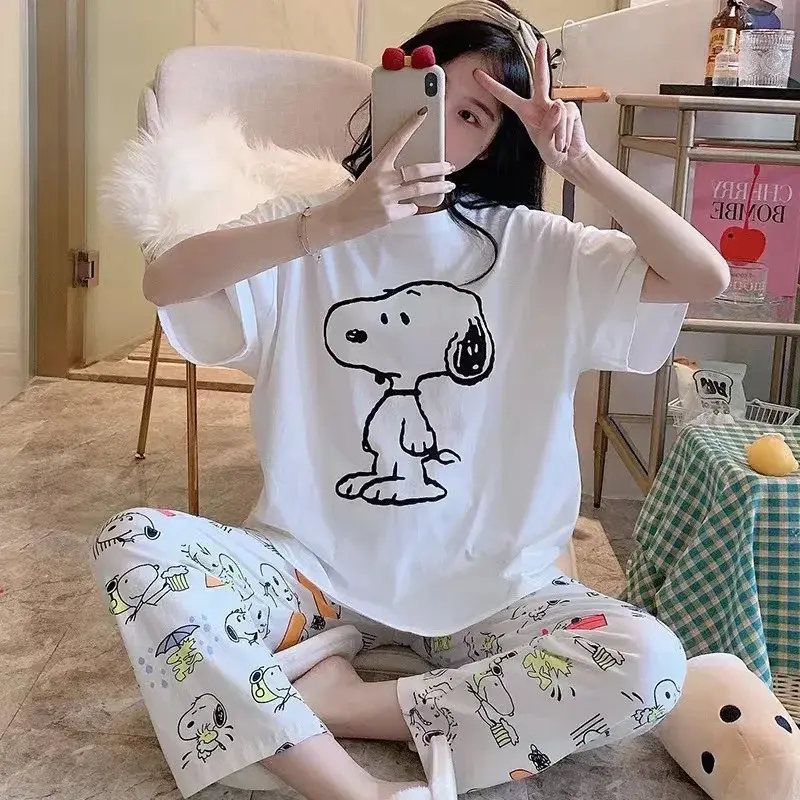 Summer Cartoon Cute New Girl Cartoon Spring sleepwear cute Home Clothes Snoopy Pajama Women's Short Sleeve Pants Set nightgown