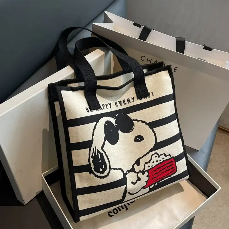 Girl fashion stripe Canvas shoulder Bag Women Summer bright  New Cartoon Snoopy Tote Bag handbag shopping bag 33x32x13cm