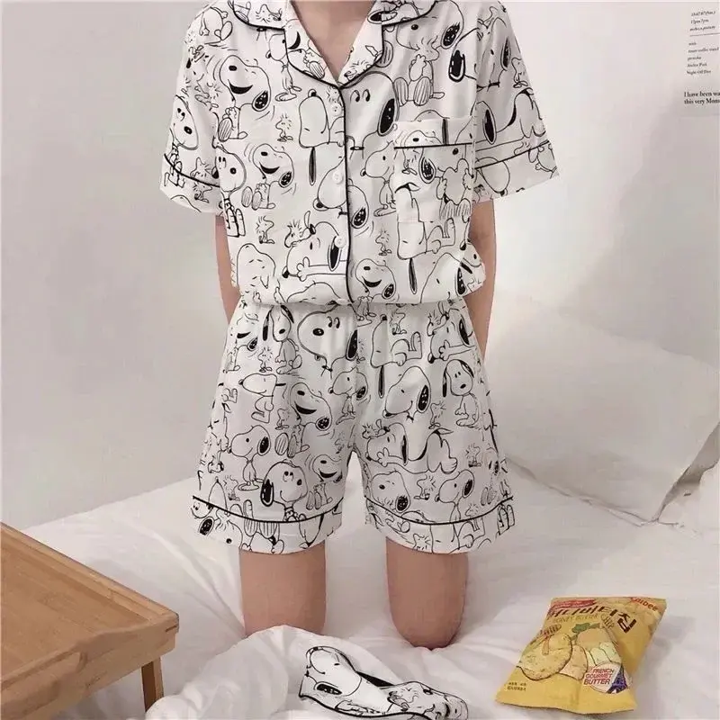 Snoopy sleepwear cartoon cute cardigan outside short-sleeved pajamas women summer nightgown  girl home clothes set