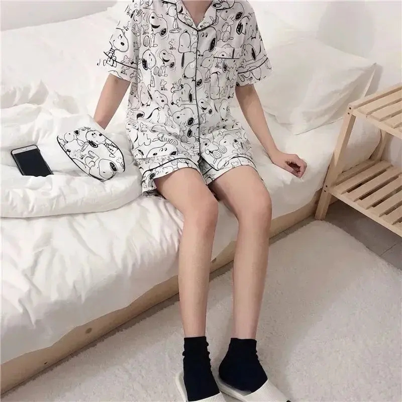 Snoopy sleepwear cartoon cute cardigan outside short-sleeved pajamas women summer nightgown  girl home clothes set