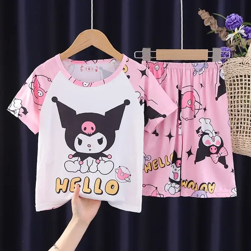 Sanrio hello kitty sleepwear children Pajamas Girls and Boys Summer Short Sleeve Shorts Set Home clothing T-shirt kuromi robes